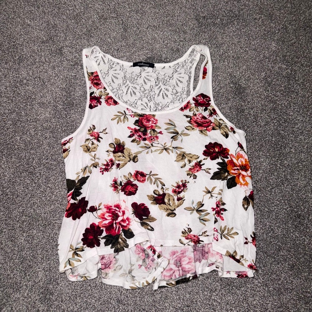 Ambiance Women's White Tank Top w/ Red Floral Pattern‎ and Lace Back Size Medium